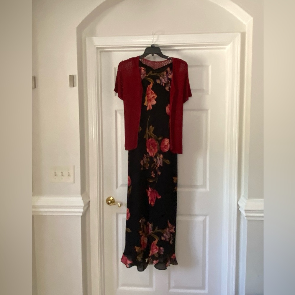 Women’s set: beautiful black dress with flowers and red cover up with buttons.